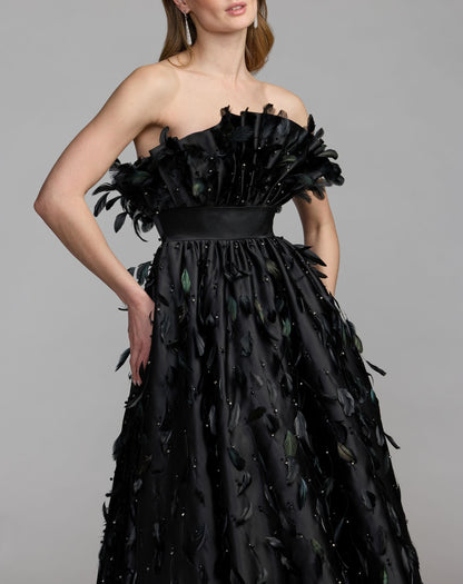 Mac Duggal Black Strapless Feather Embellished Satin High Low Gown
