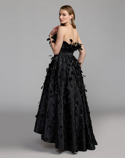 Mac Duggal Black Strapless Feather Embellished Satin High Low Gown