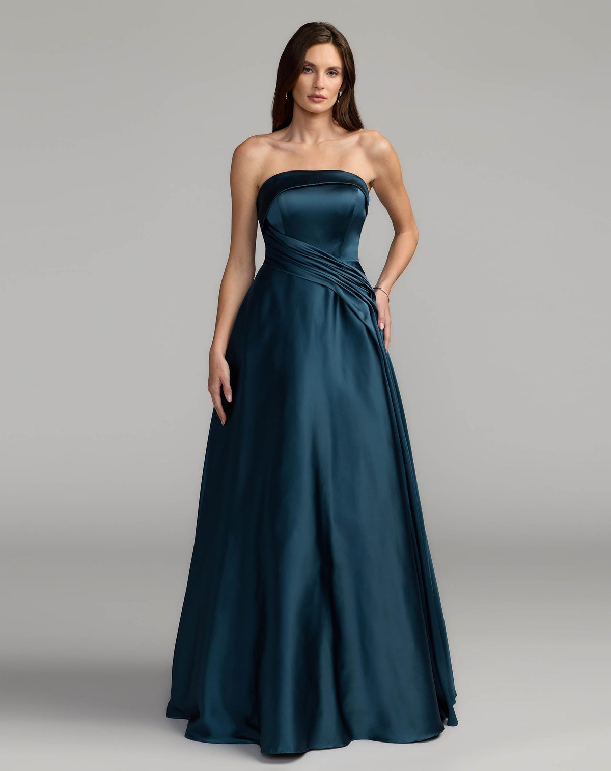 Mac Duggal Navy Strapless Draped Satin Ball Gown