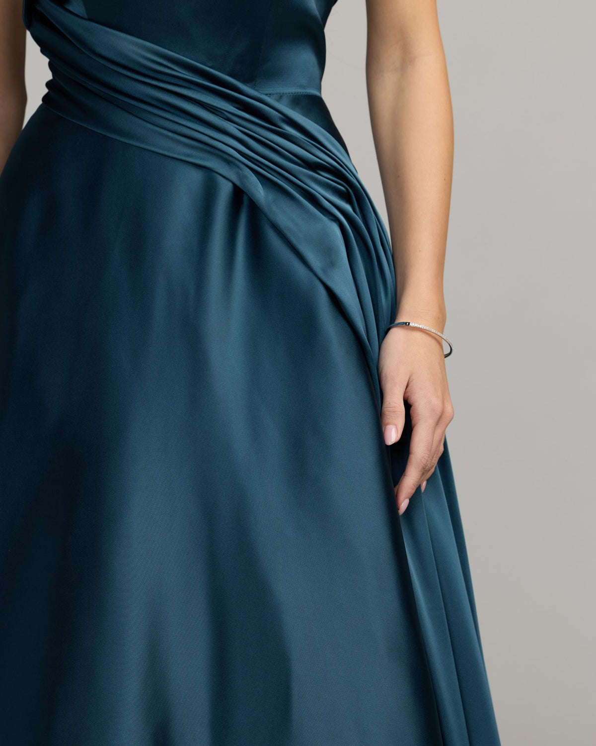 Mac Duggal Navy Strapless Draped Satin Ball Gown