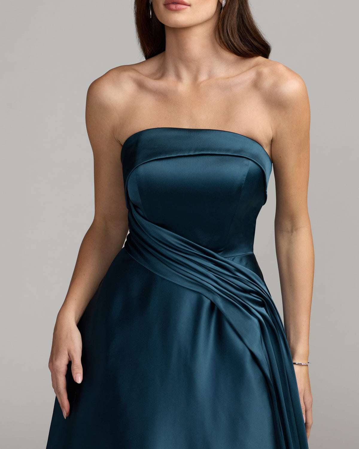 Mac Duggal Navy Strapless Draped Satin Ball Gown