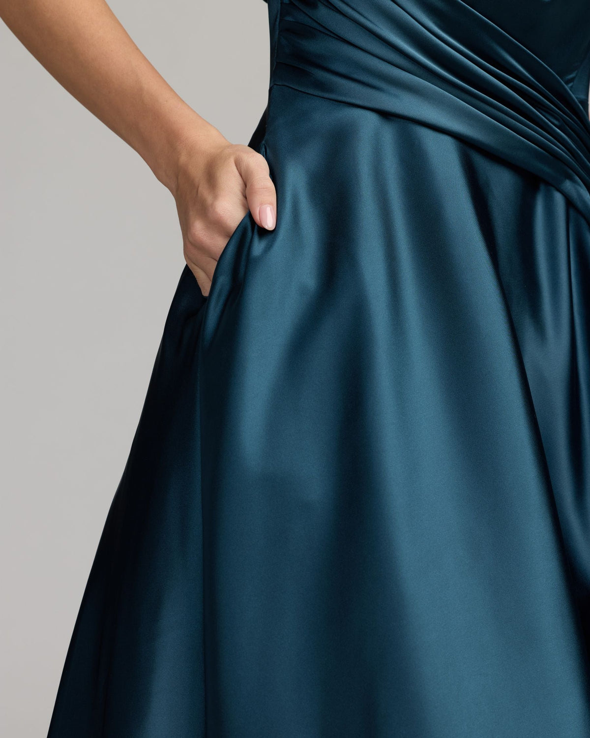 Mac Duggal Navy Strapless Draped Satin Ball Gown