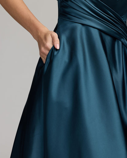 Mac Duggal Navy Strapless Draped Satin Ball Gown