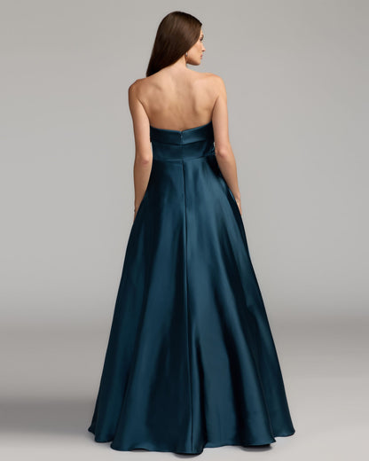 Mac Duggal Navy Strapless Draped Satin Ball Gown