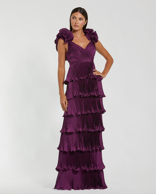 Mac Duggal Purple Pleated Charmeuse Tiered Gown With Ruffle Straps