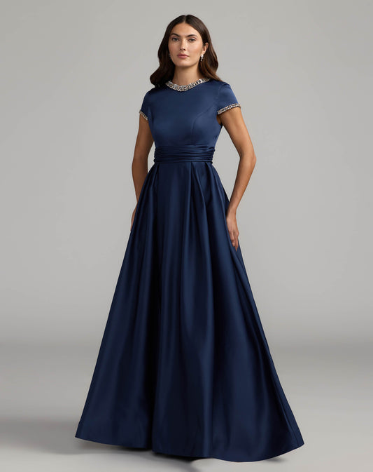 Mac Duggal Navy Embellished Satin High Neck Ball Gown
