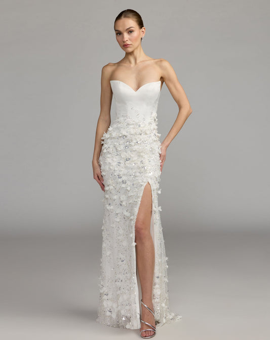 Mac Duggal White Strapless 3D Floral Embellished Crepe Gown With Slit