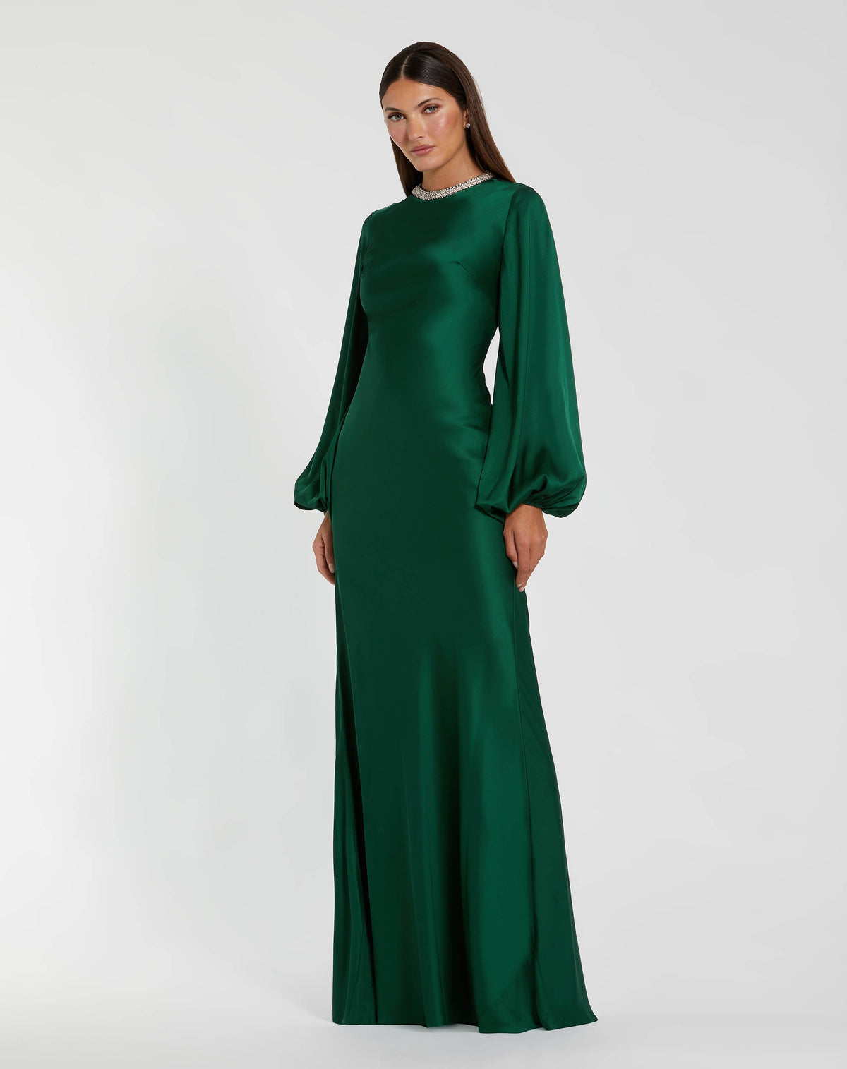 Mac Duggal Emerald Beaded High Neck Bishop Sleeve Satin Gown