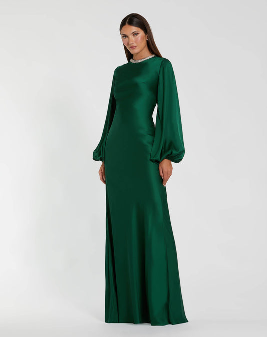 Mac Duggal Emerald Beaded High Neck Bishop Sleeve Satin Gown