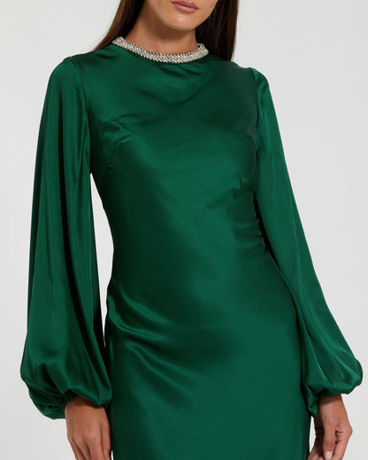 Mac Duggal Emerald Beaded High Neck Bishop Sleeve Satin Gown
