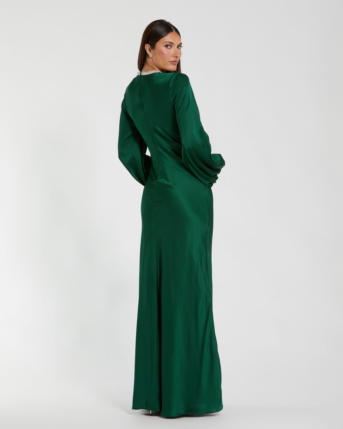 Mac Duggal Emerald Beaded High Neck Bishop Sleeve Satin Gown