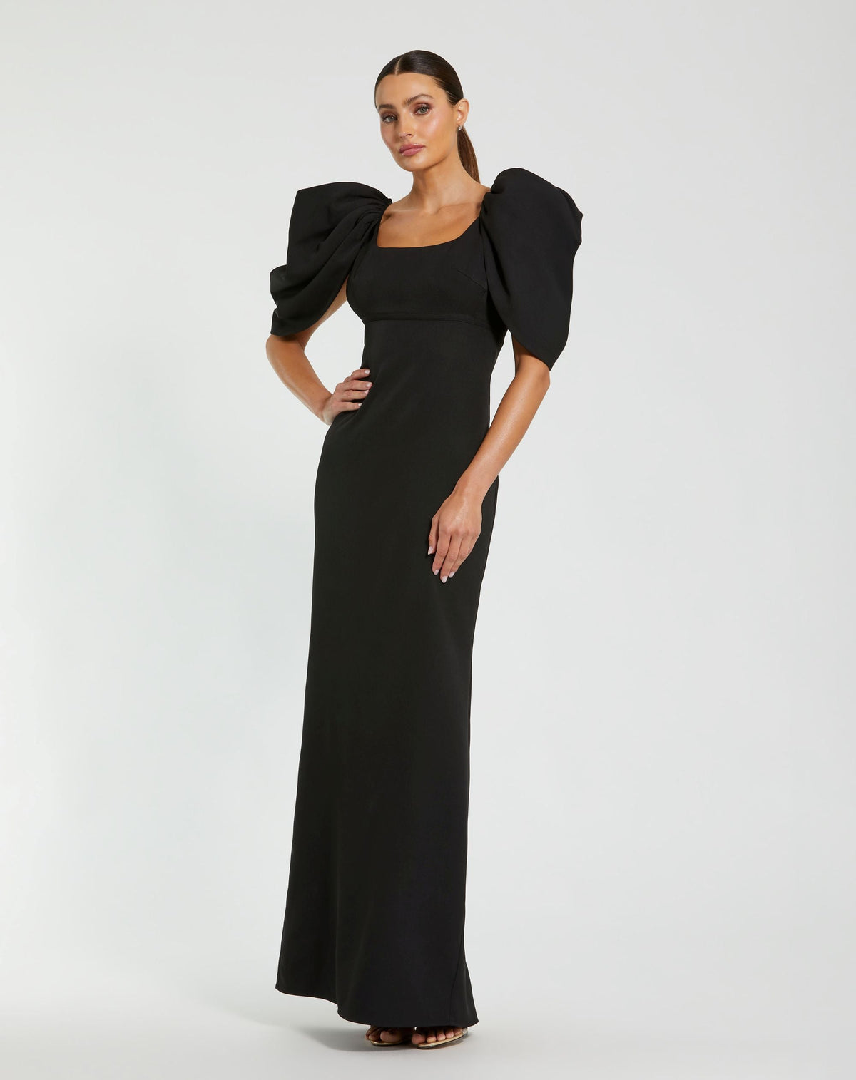 Mac Duggal Black Crepe Square Neck Gown With Puff Sleeves