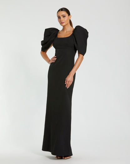 Mac Duggal Black Crepe Square Neck Gown With Puff Sleeves