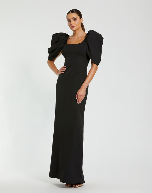 Mac Duggal Black Crepe Square Neck Gown With Puff Sleeves