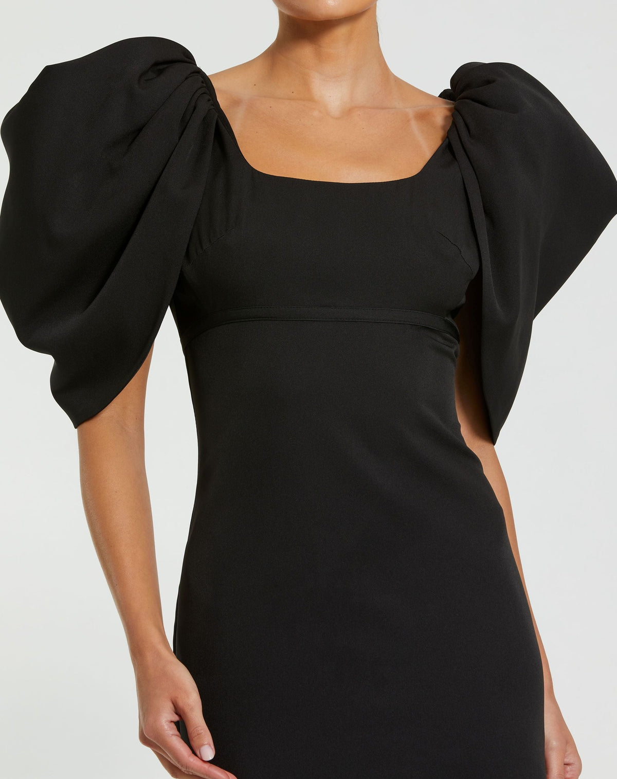 Mac Duggal Black Crepe Square Neck Gown With Puff Sleeves