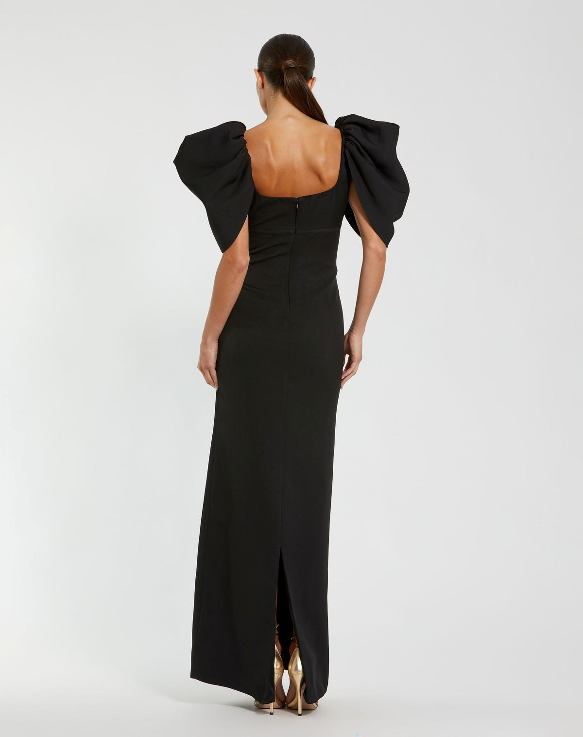 Mac Duggal Black Crepe Square Neck Gown With Puff Sleeves