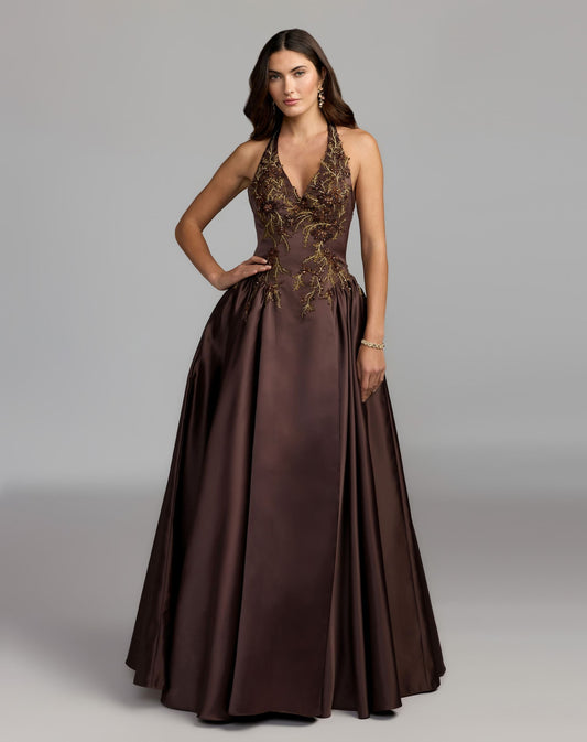 Mac Duggal Brown Halter Neck Floral Embroidered Satin A-Line Gown