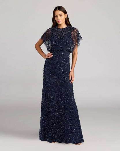 Mac Duggal Petite Navy High Neck Short Sleeve Embellished Gown