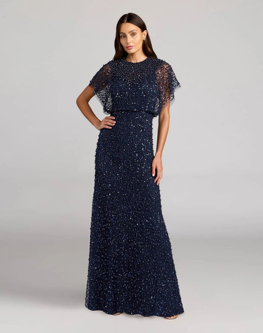 Mac Duggal Petite Navy High Neck Short Sleeve Embellished Gown