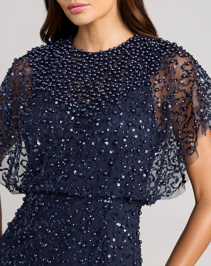 Mac Duggal Petite Navy High Neck Short Sleeve Embellished Gown