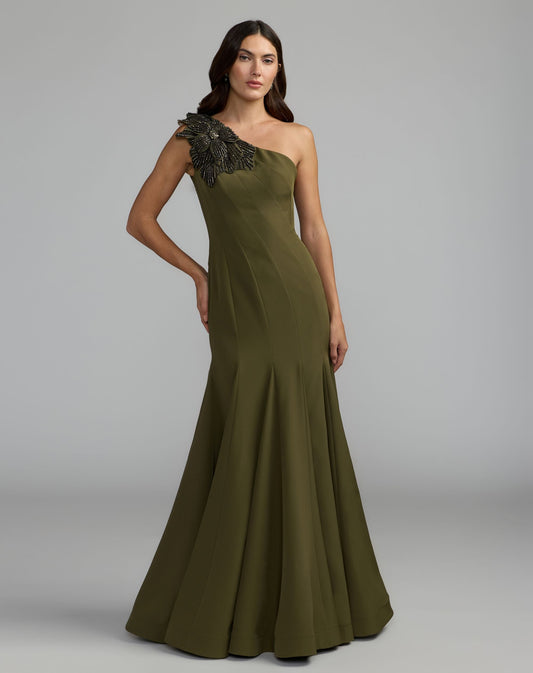 Mac Duggal Olive Green One Shoulder Trumpet Gown With Crystal Flower