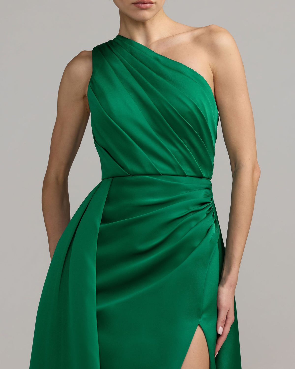Mac Duggal Emerald One Shoulder Satin Gown With Overskirt