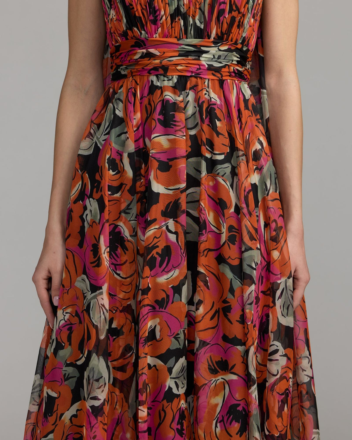 Mac Duggal Orange Multicolor Floral Chiffon Gown With Scarf