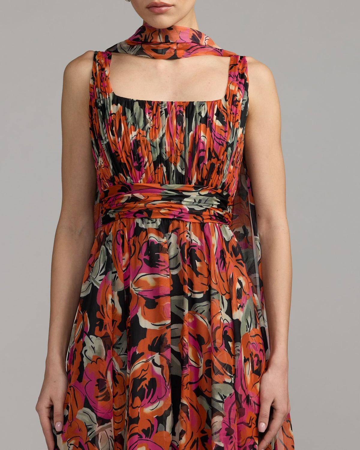 Mac Duggal Orange Multicolor Floral Chiffon Gown With Scarf