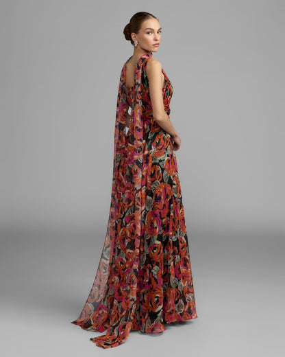 Mac Duggal Orange Multicolor Floral Chiffon Gown With Scarf