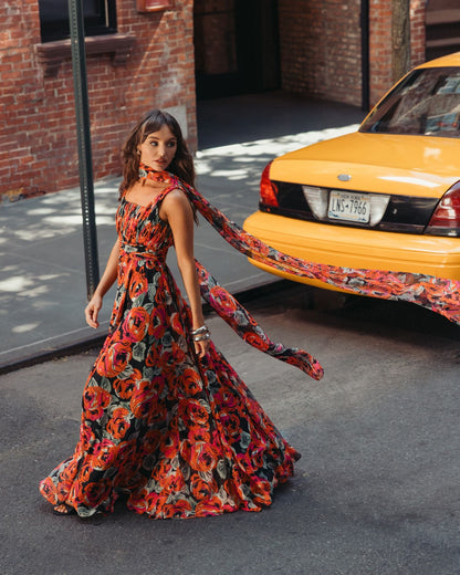 Mac Duggal Orange Multicolor Floral Chiffon Gown With Scarf