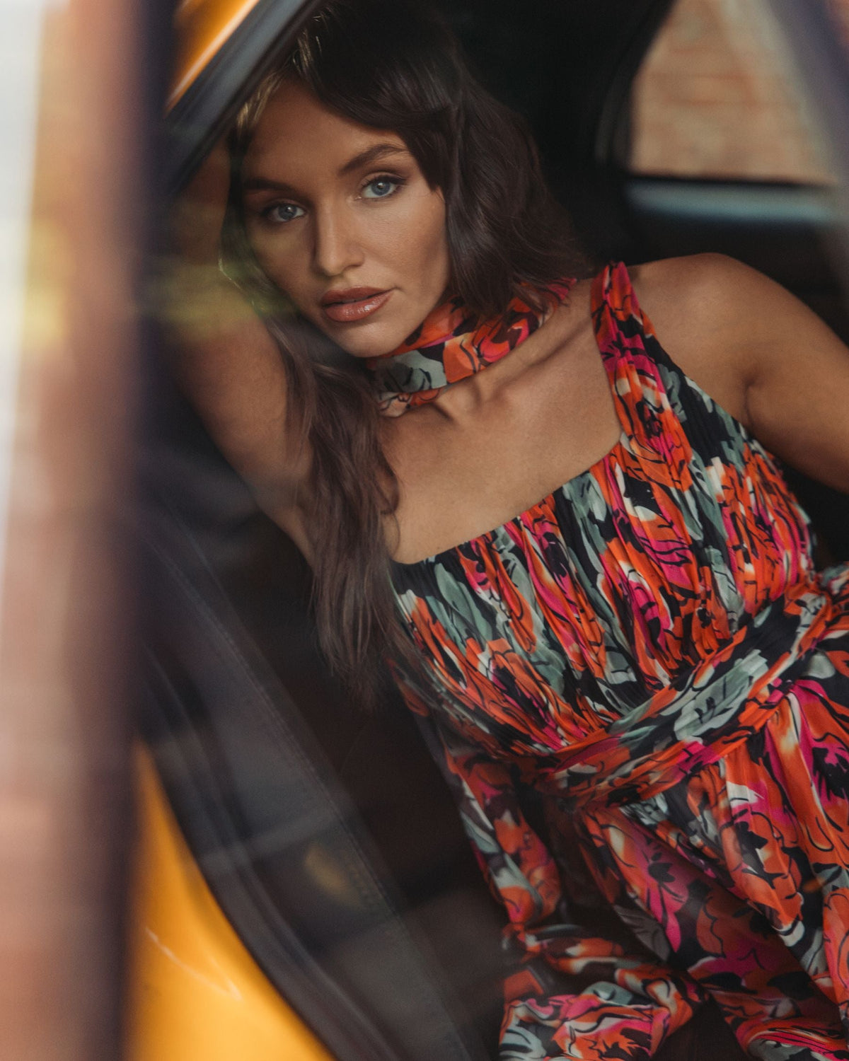 Mac Duggal Orange Multicolor Floral Chiffon Gown With Scarf