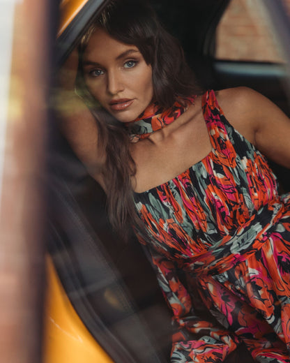 Mac Duggal Orange Multicolor Floral Chiffon Gown With Scarf