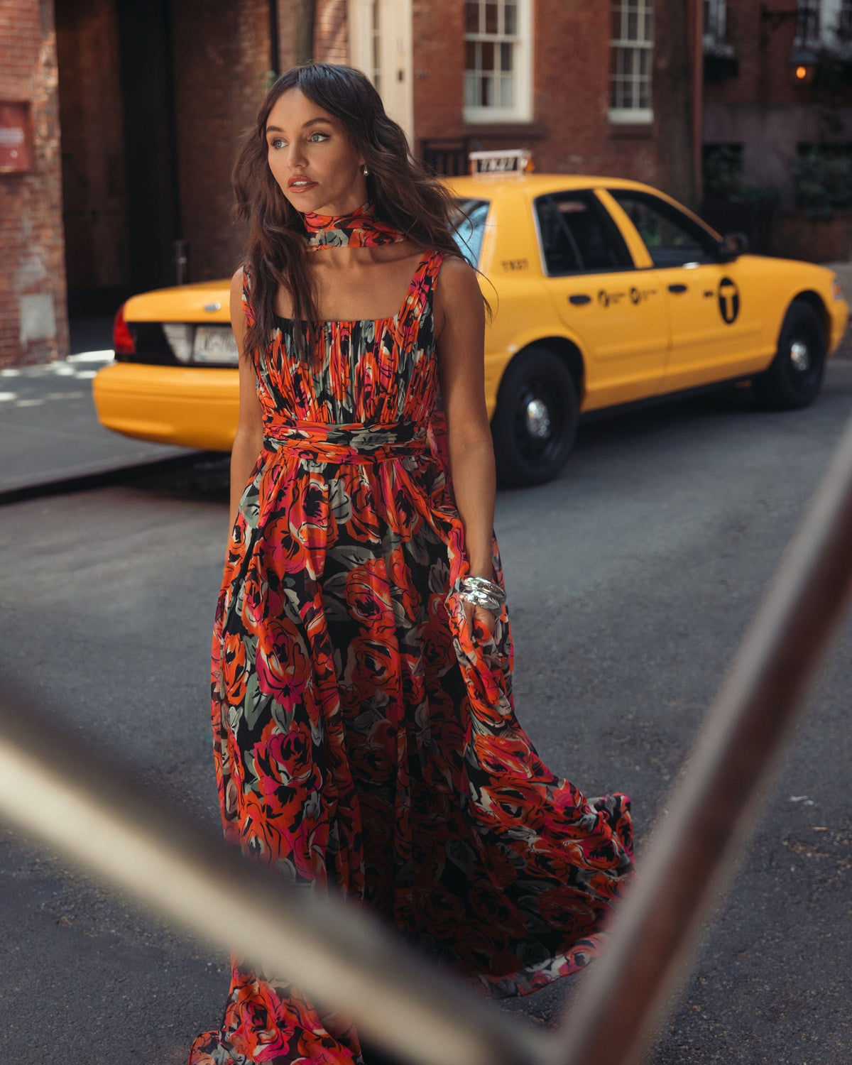 Mac Duggal Orange Multicolor Floral Chiffon Gown With Scarf