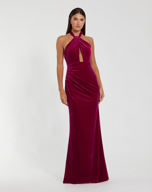 Mac Duggal Dark Pink Velvet Cut Out Draped Halter Gown