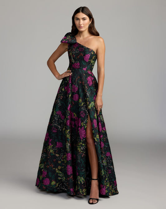 Mac Duggal Black One Shoulder Brocade Floral Gown With Bow