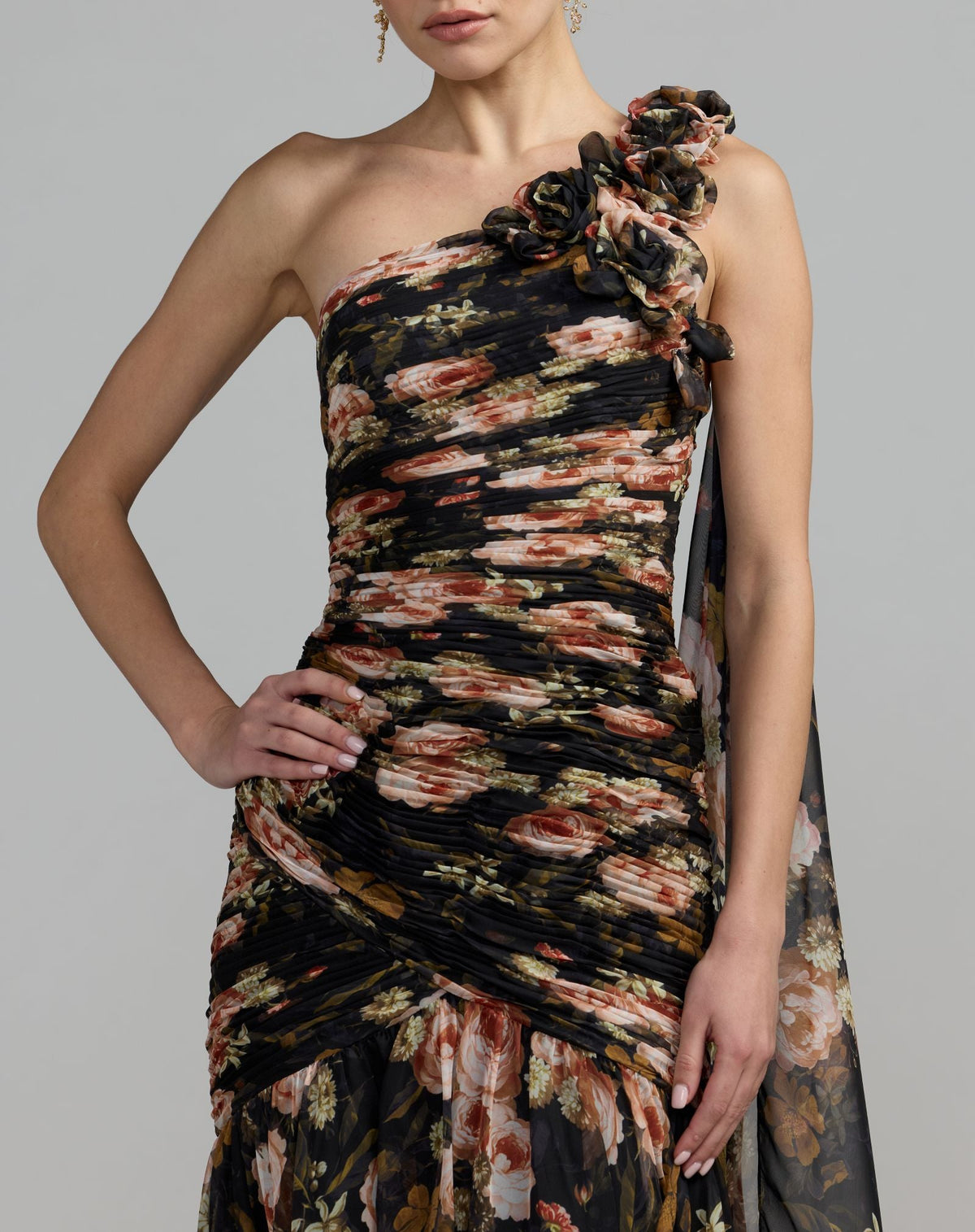 Mac Duggal Black One Shoulder Floral Printed Chiffon Gown