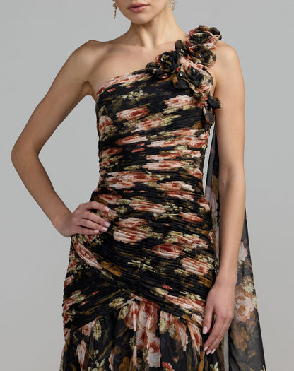Mac Duggal Black One Shoulder Floral Printed Chiffon Gown