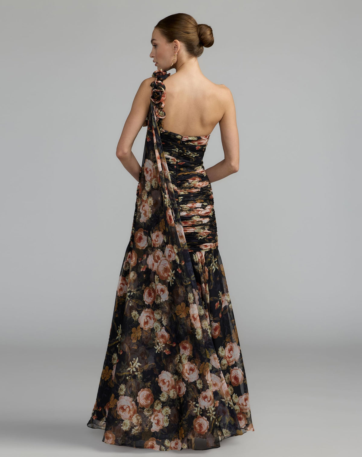 Mac Duggal Black One Shoulder Floral Printed Chiffon Gown