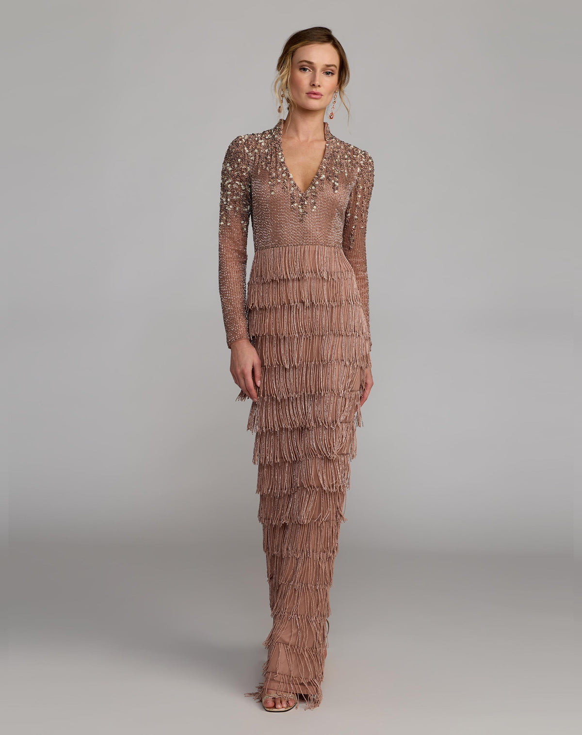 Mac Duggal Brown Beaded Long Sleeve Fringe Column Gown