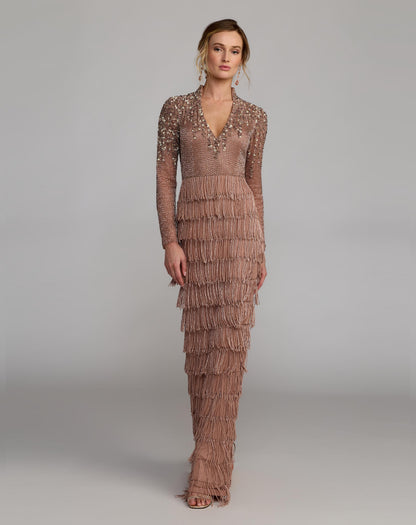 Mac Duggal Brown Beaded Long Sleeve Fringe Column Gown