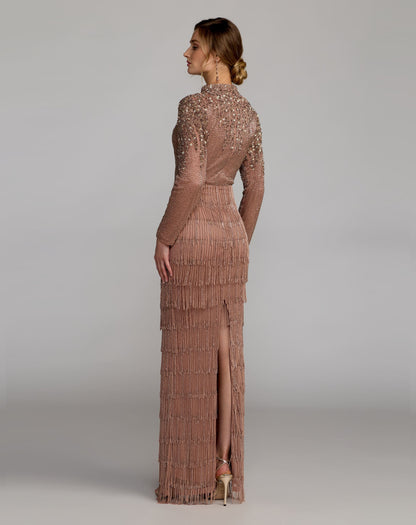 Mac Duggal Brown Beaded Long Sleeve Fringe Column Gown