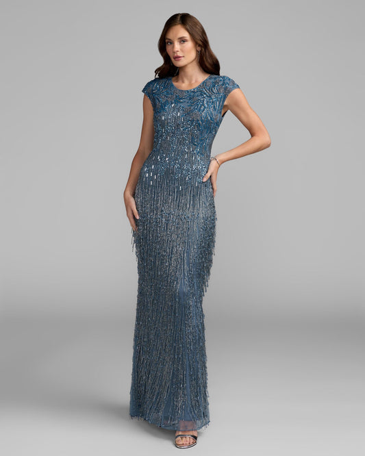 Mac Duggal Blue Embellished Cap Sleeve Gown With Fringe Beading