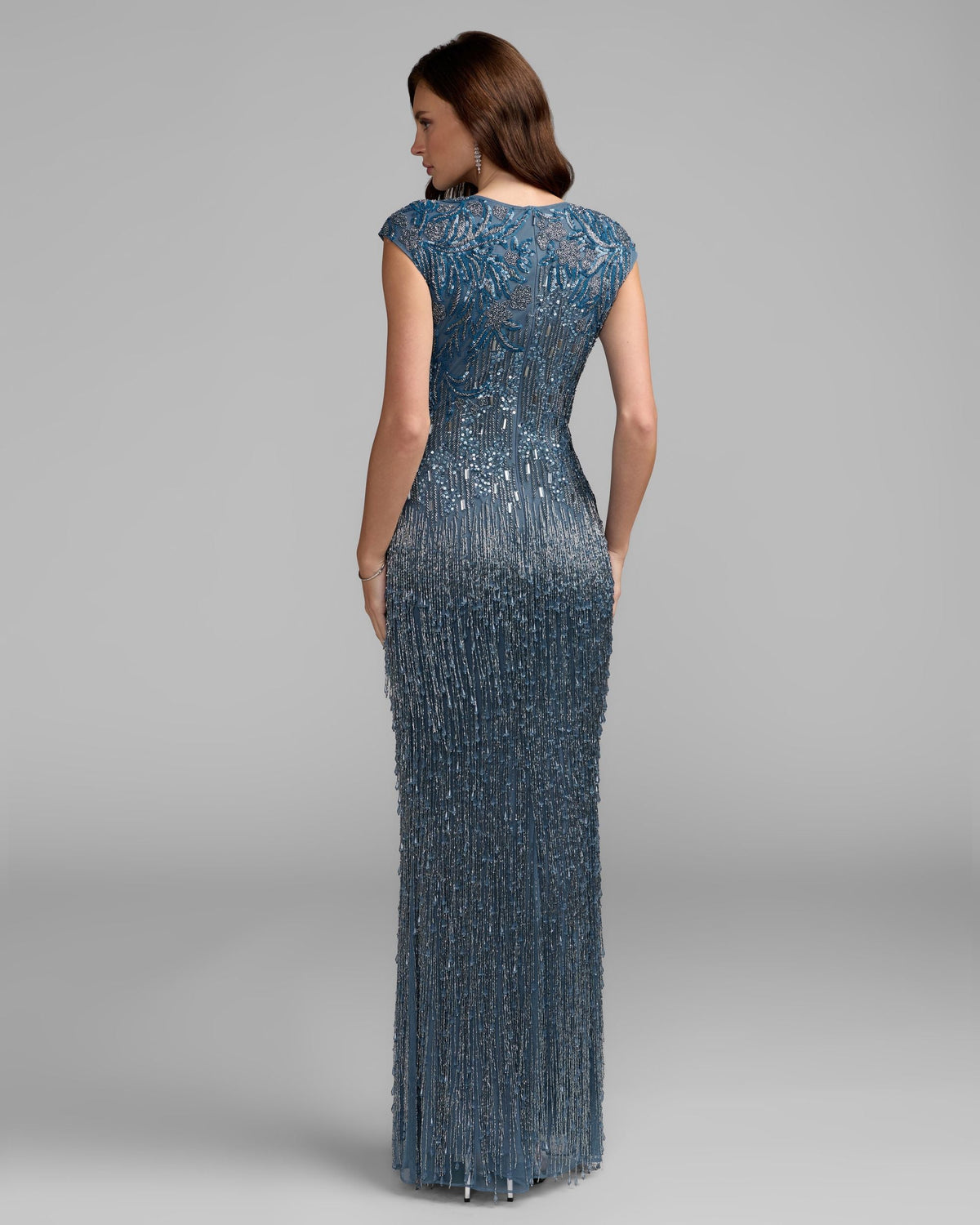 Mac Duggal Blue Embellished Cap Sleeve Gown With Fringe Beading
