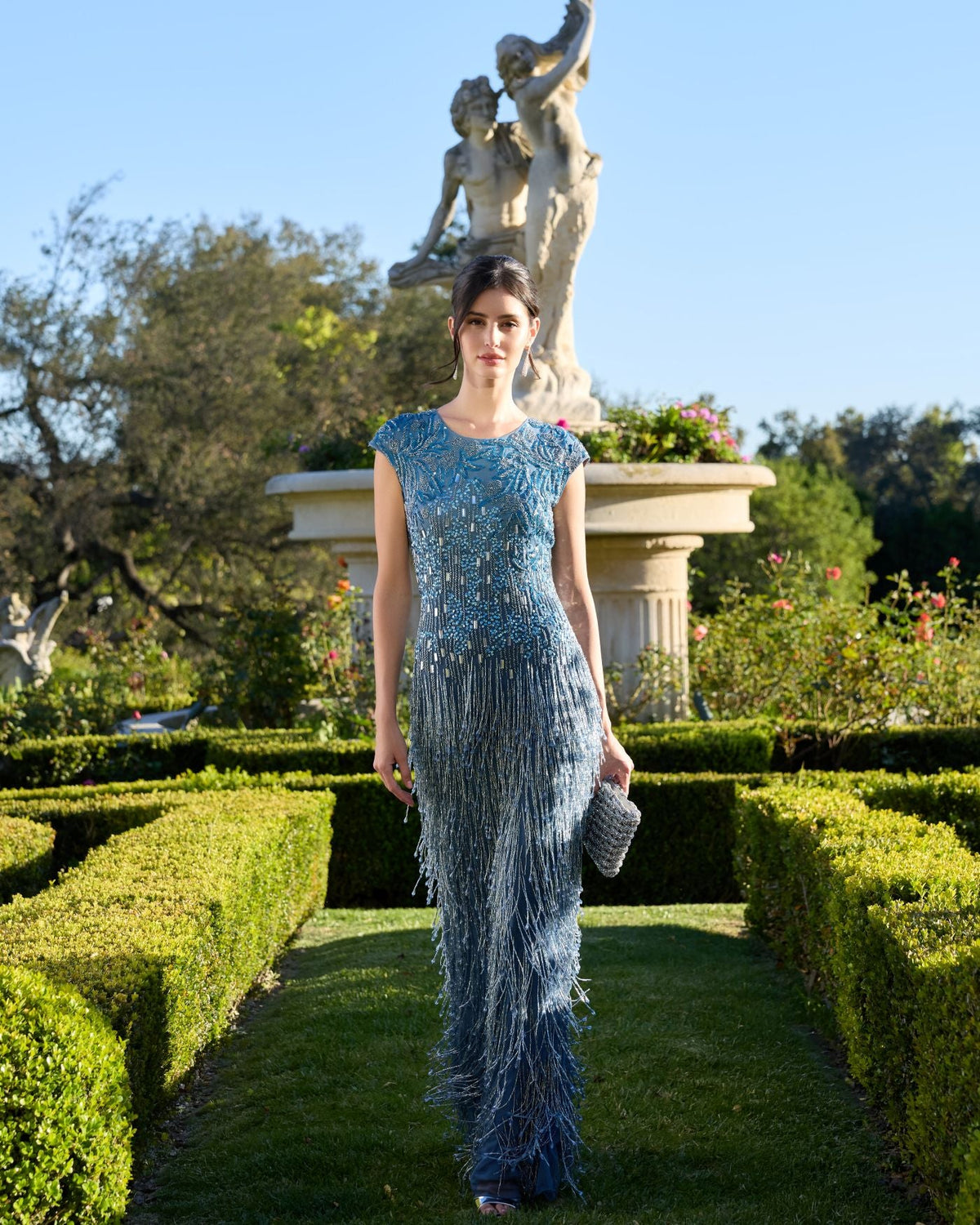 Mac Duggal Blue Embellished Cap Sleeve Gown With Fringe Beading