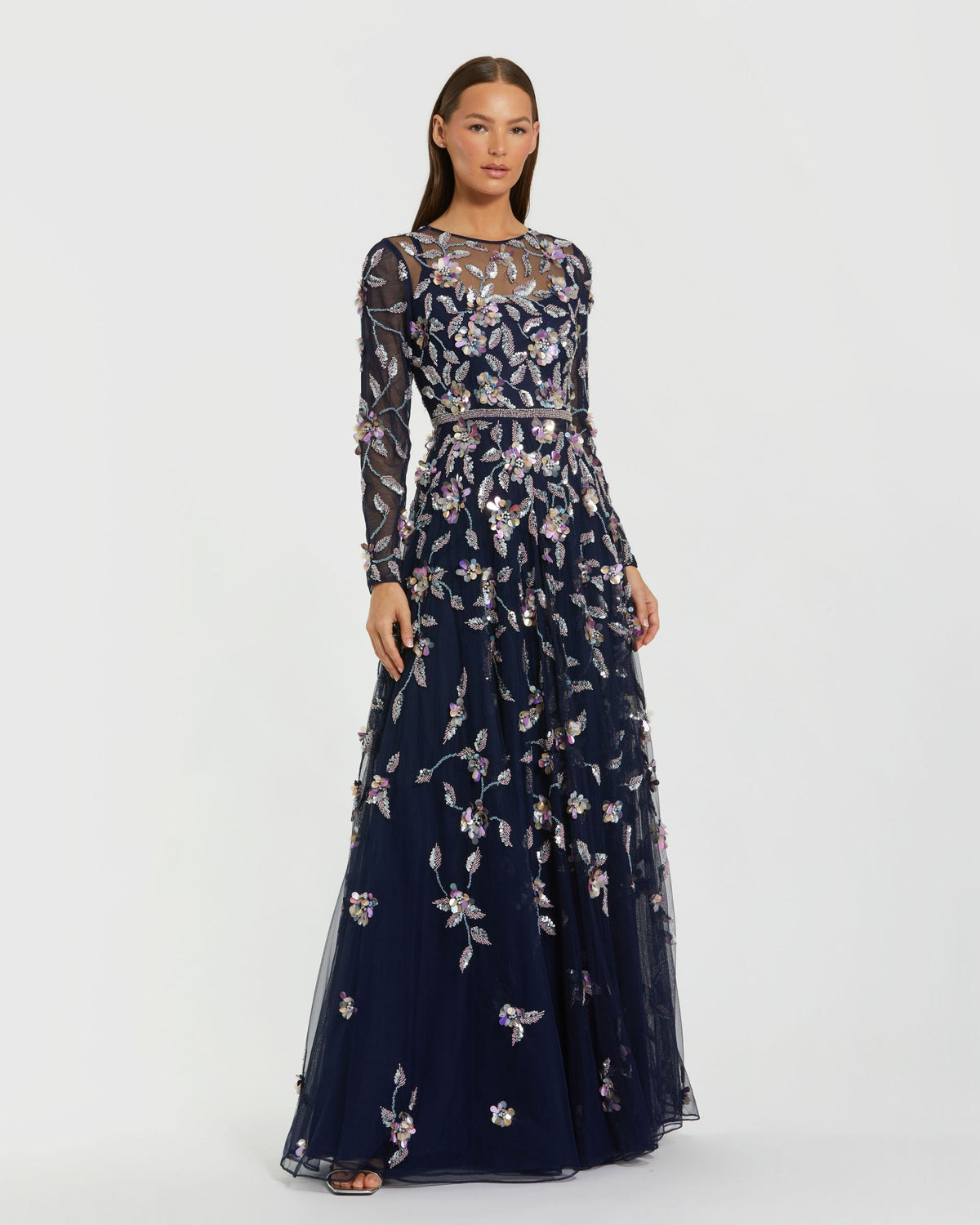 Mac Duggal Navy Floral Embellished Evening Gown