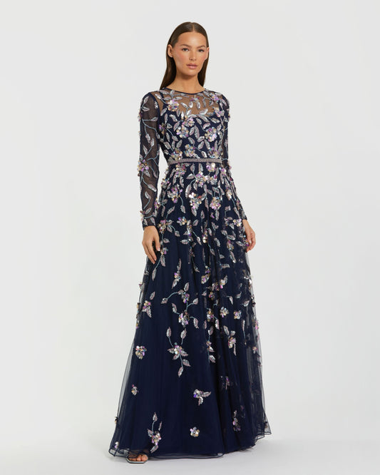 Mac Duggal Navy Floral Embellished Evening Gown