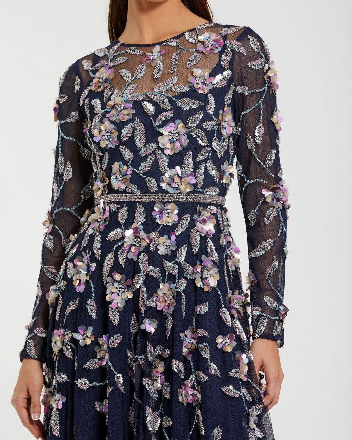 Mac Duggal Navy Floral Embellished Evening Gown