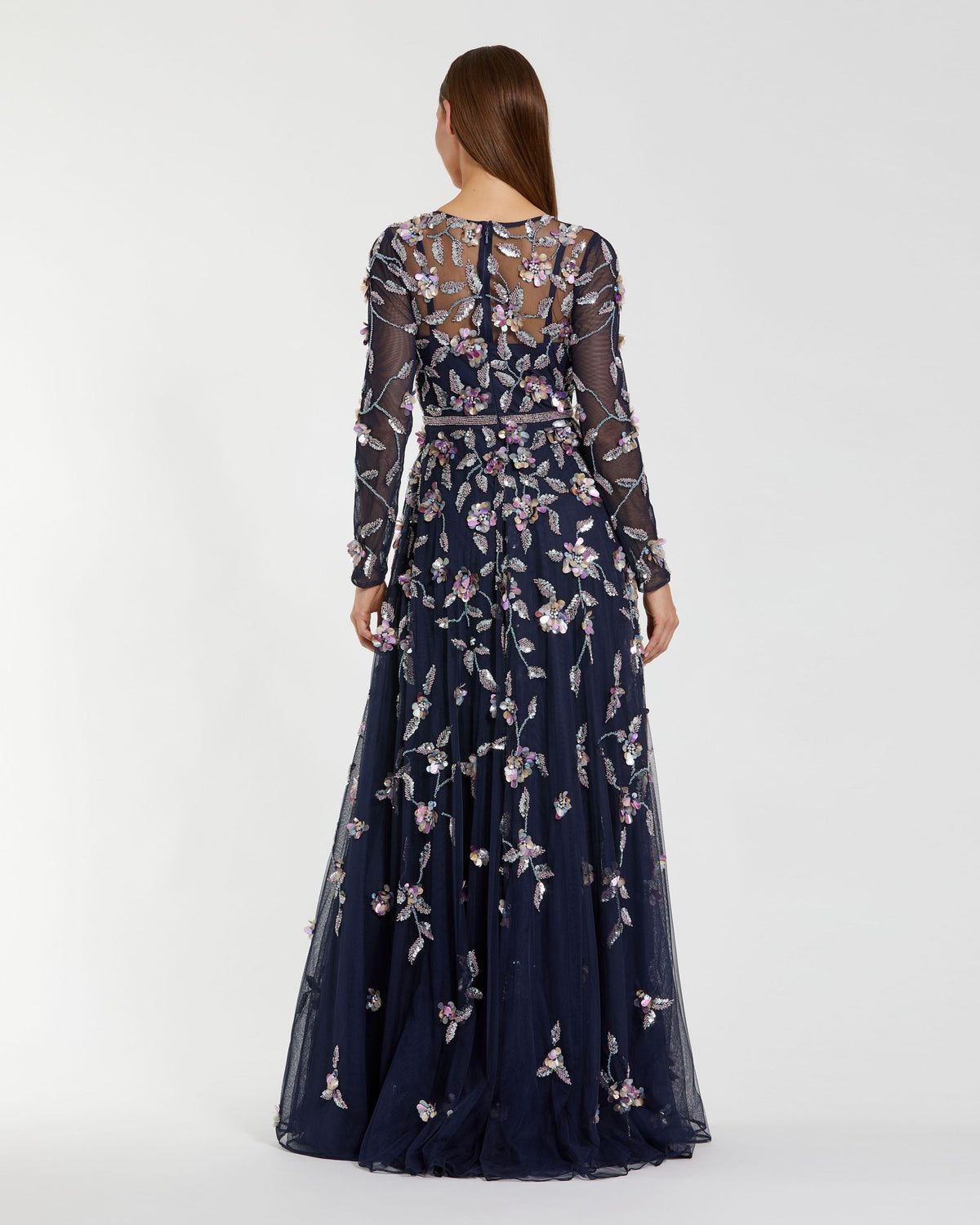 Mac Duggal Navy Floral Embellished Evening Gown