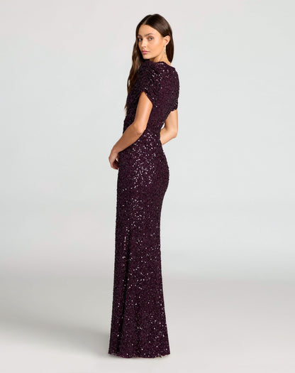 Mac Duggal Dark Purple Gathered Short Sleeve Embellished Gown