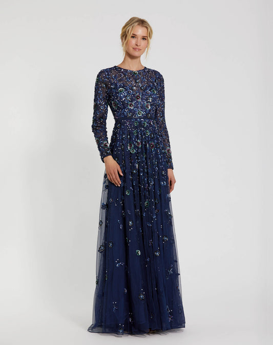 Mac Duggal Petite Navy Embellished High Neck Long Sleeve A Line Gown